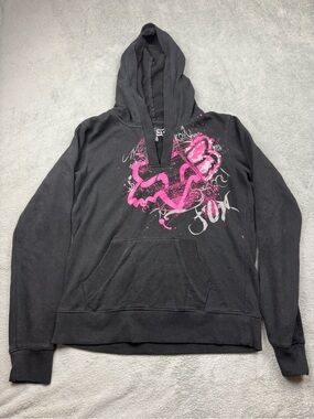 Fox Racing Pullover Hoodie Black Pink Sequin Y2K Chic McBling Style Size M